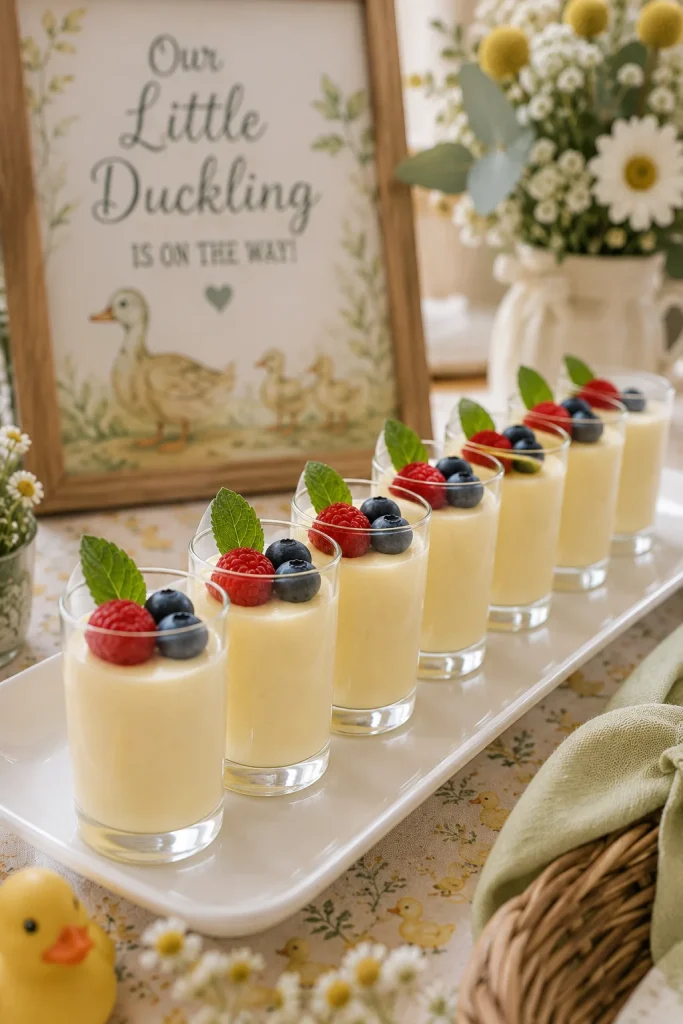 Small clear glasses of pale yellow lemon posset topped with a berry and a mint leaf, lined in a row