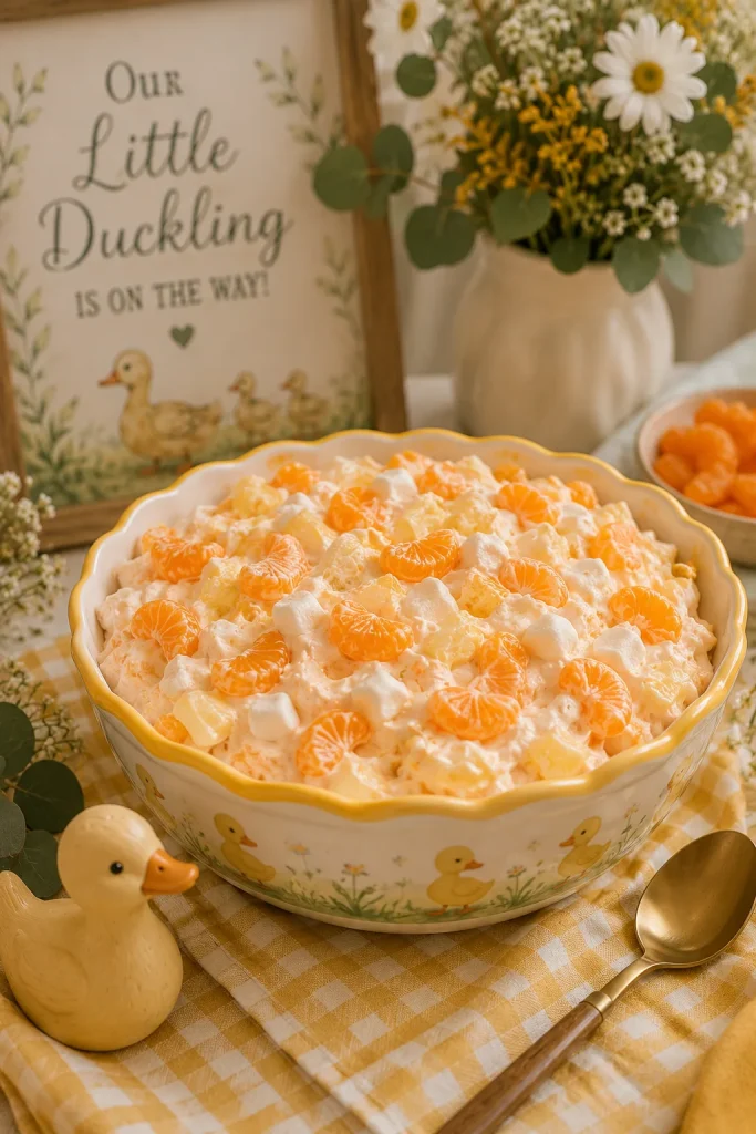A bowl of creamy orange-and-white fluffy dessert salad with mandarin segments, in a cheerful serving dish.