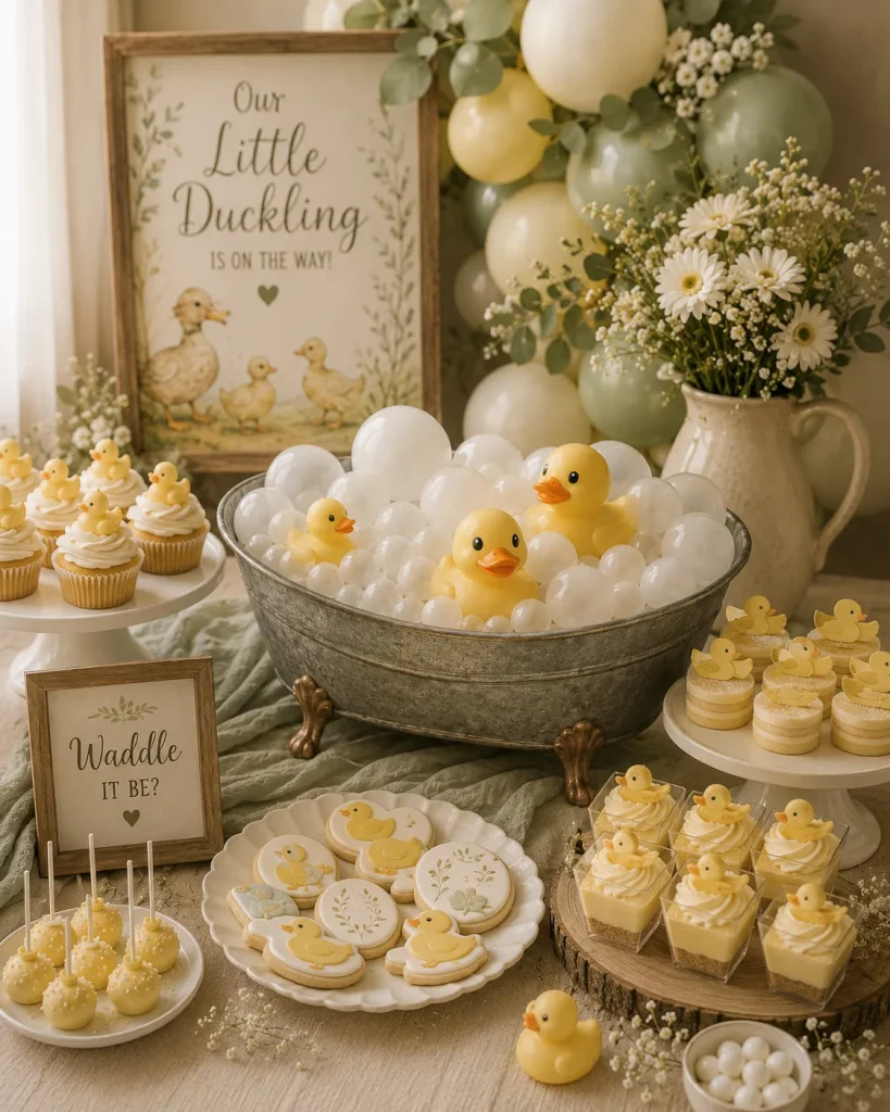 A mini clawfoot or galvanized tub filled with white "bubble" balloons and rubber ducks, surrounded by desserts