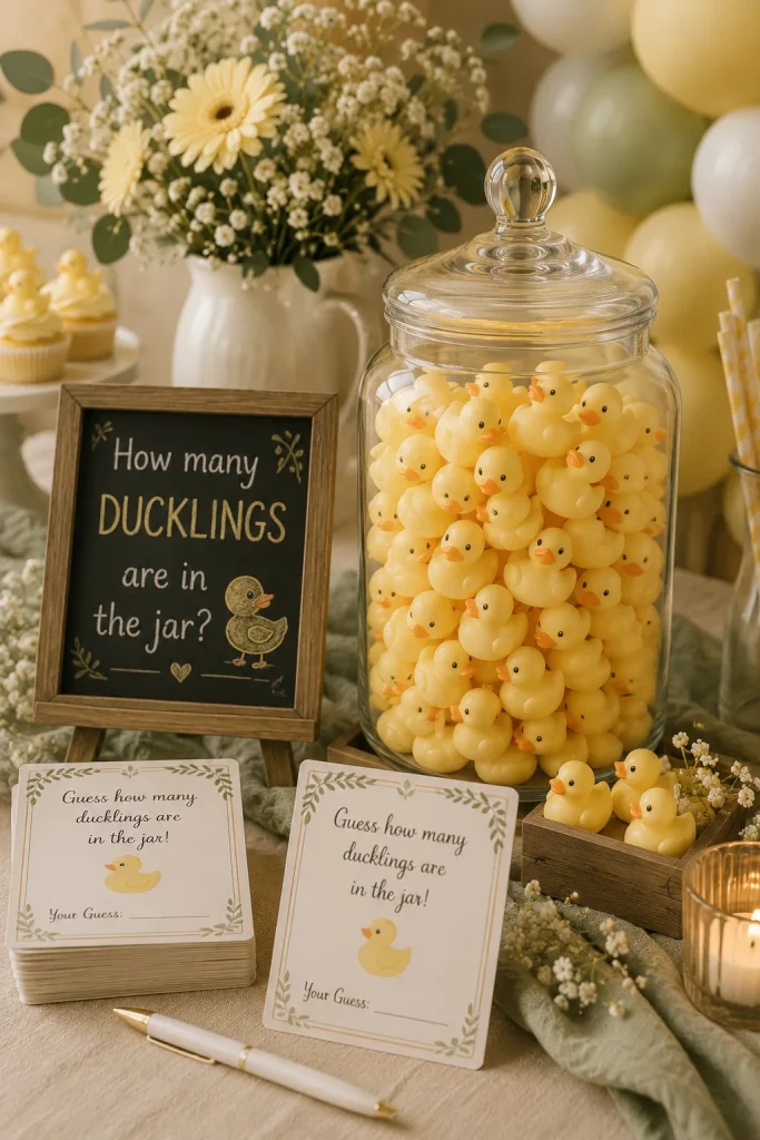 A large glass jar filled with mini yellow ducks beside a chalkboard sign and guess cards