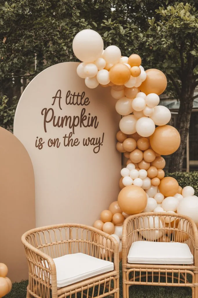 Wicker chairs fall baby shower backdrop with pumpkin balloon garland