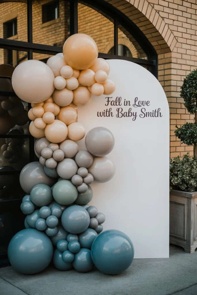 Neutral balloon arch fall baby shower welcome sign with cream and blue balloons