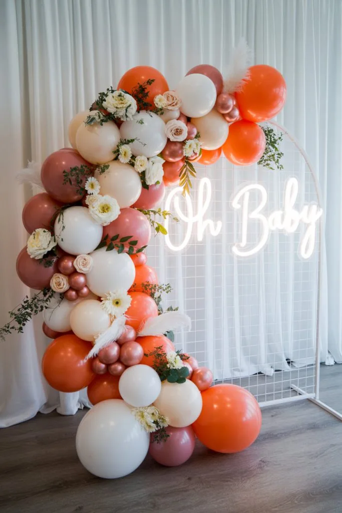 Romantic floral balloon backdrop for a fall baby shower
