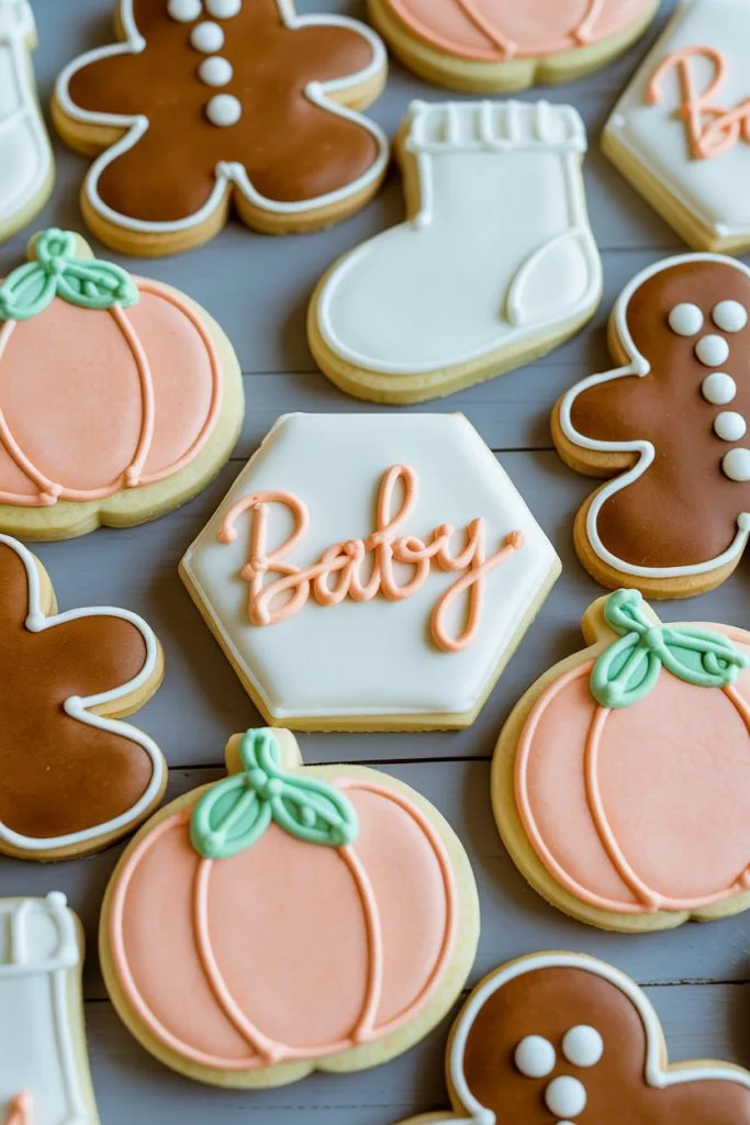 Pumpkin and baby sugar cookie set for a fall baby shower