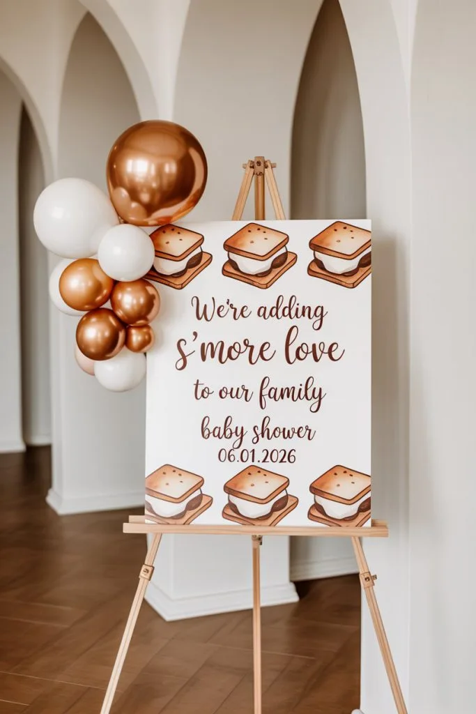 S'more Love fall baby shower welcome sign on a wooden easel