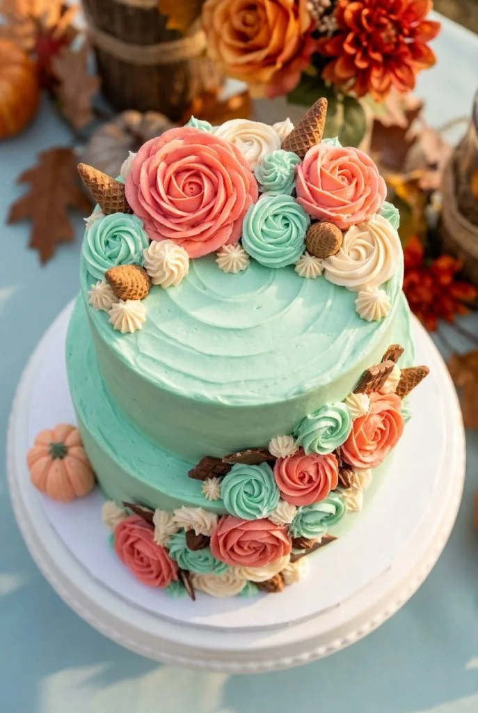 Sage green floral buttercream cake for a fall baby shower