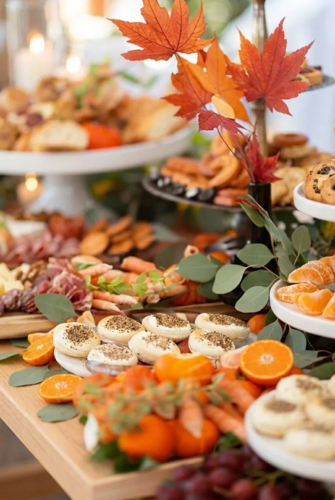 Layered grazing table with mandarins for a fall baby shower