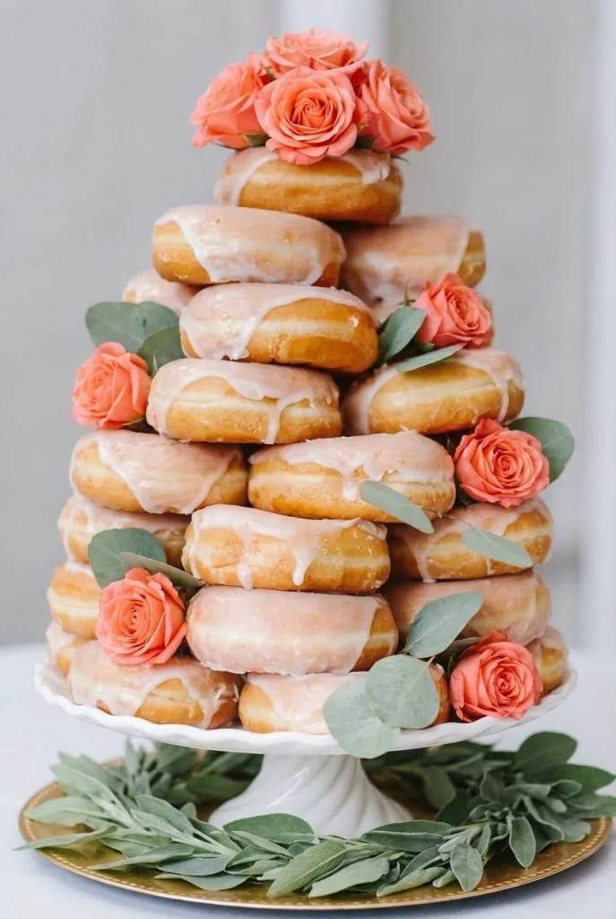 Coral rose donut tower for a fall baby shower dessert table