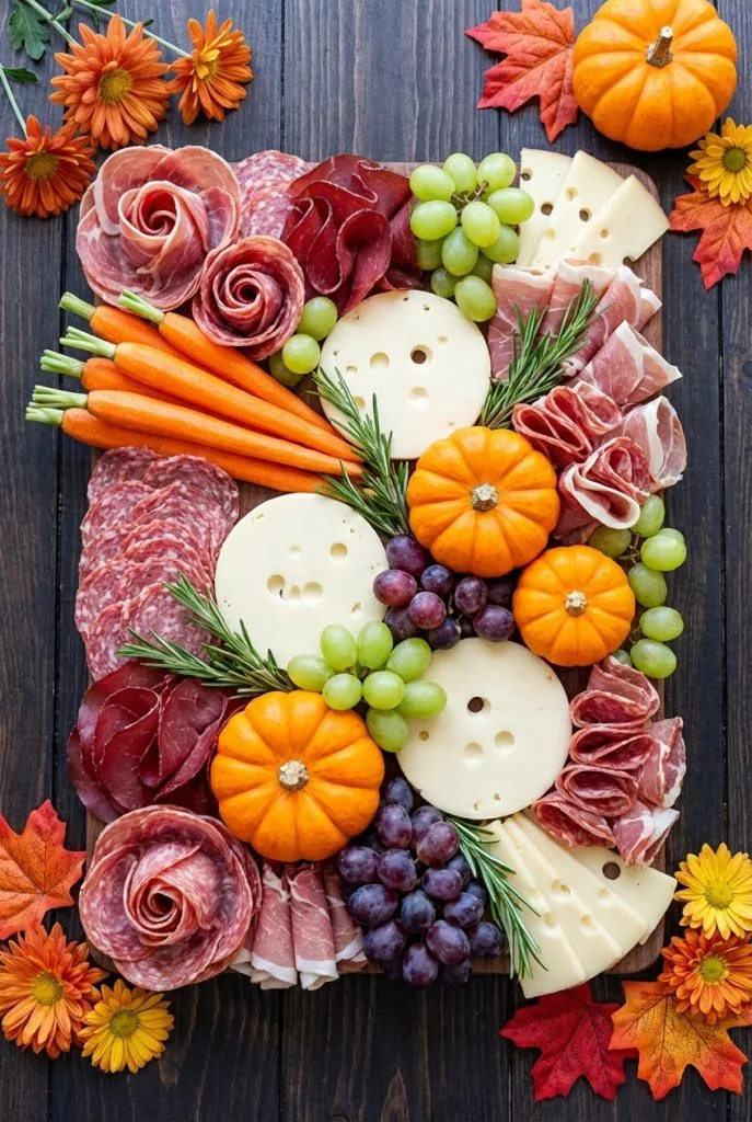 Charcuterie board with mini pumpkins for a fall baby shower