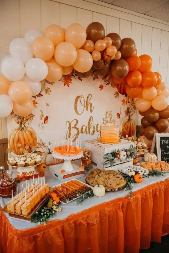Classic orange fall baby shower dessert table with balloon garland