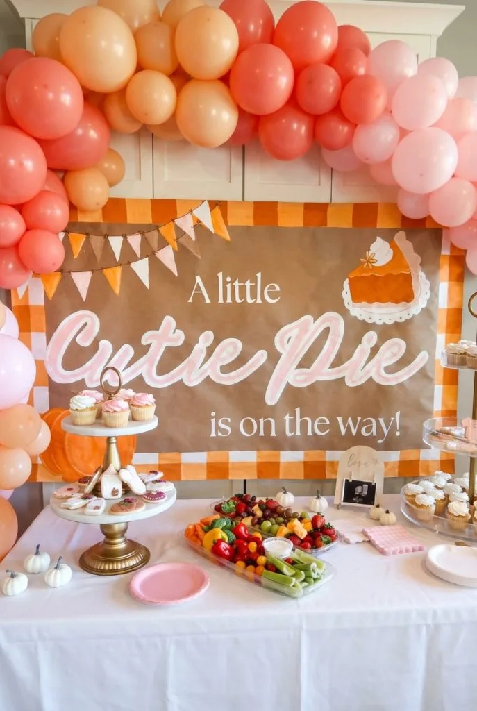 Gingham fall baby shower dessert table with cutie pie banner