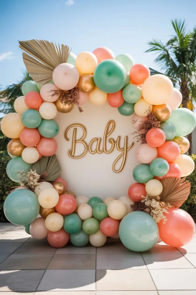 Modern boho circular balloon arch with sage peach and gold balloons