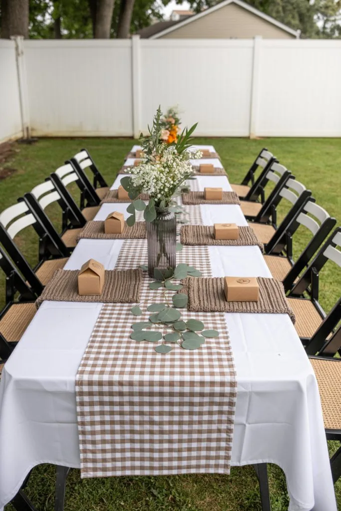White pumpkin and eucalyptus table runner for fall baby shower
