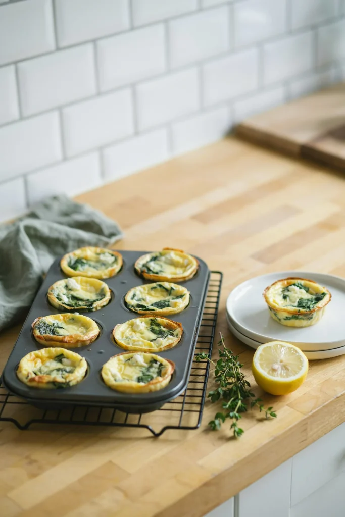 Mini spinach and feta quiche cups in a muffin tin