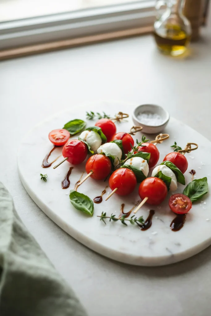 Caprese skewers with cherry tomato, mozzarella, and basil drizzled with balsamic glaze