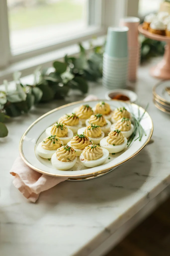 Deviled eggs with smoked paprika and fresh chives on a platter