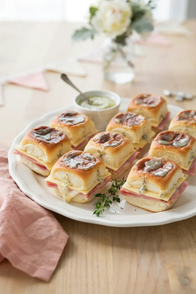 Golden baked ham and swiss party sandwiches on Hawaiian rolls with poppy seed glaze