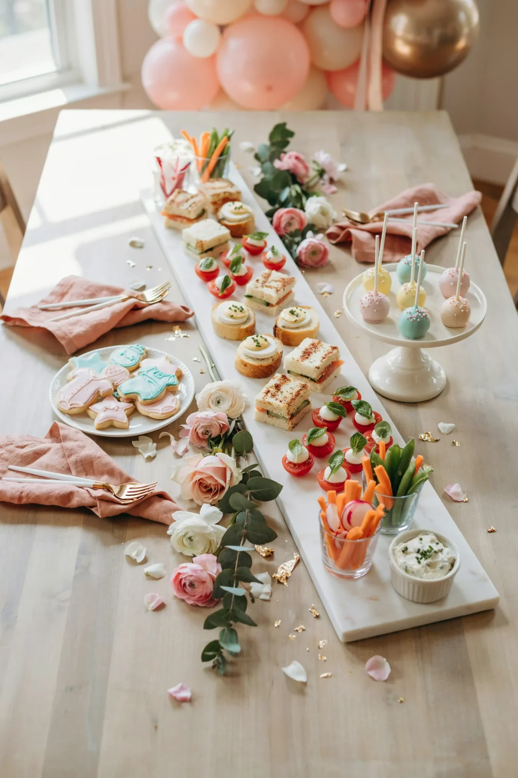 An overhead shot of a fully styled baby shower food table — a mix of mini sandwiches, deviled eggs, skewers, and onesie cookies arranged on white serving trays with a soft pink and white color scheme, a few balloons visible at the edge of the frame