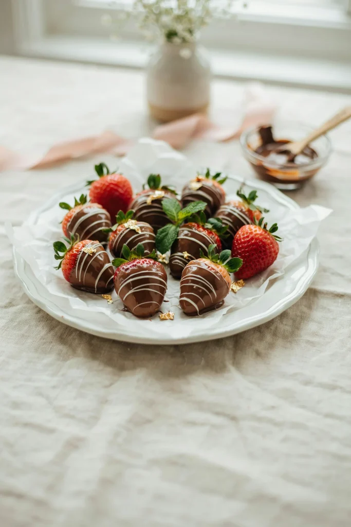 Chocolate-dipped strawberries drizzled with white chocolate