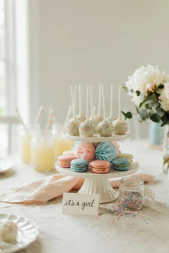 Vanilla cake pops dipped in white chocolate and pastel sprinkles