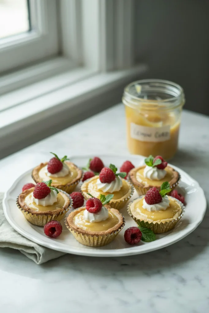 Mini lemon fruit tarts topped with fresh raspberries and mint