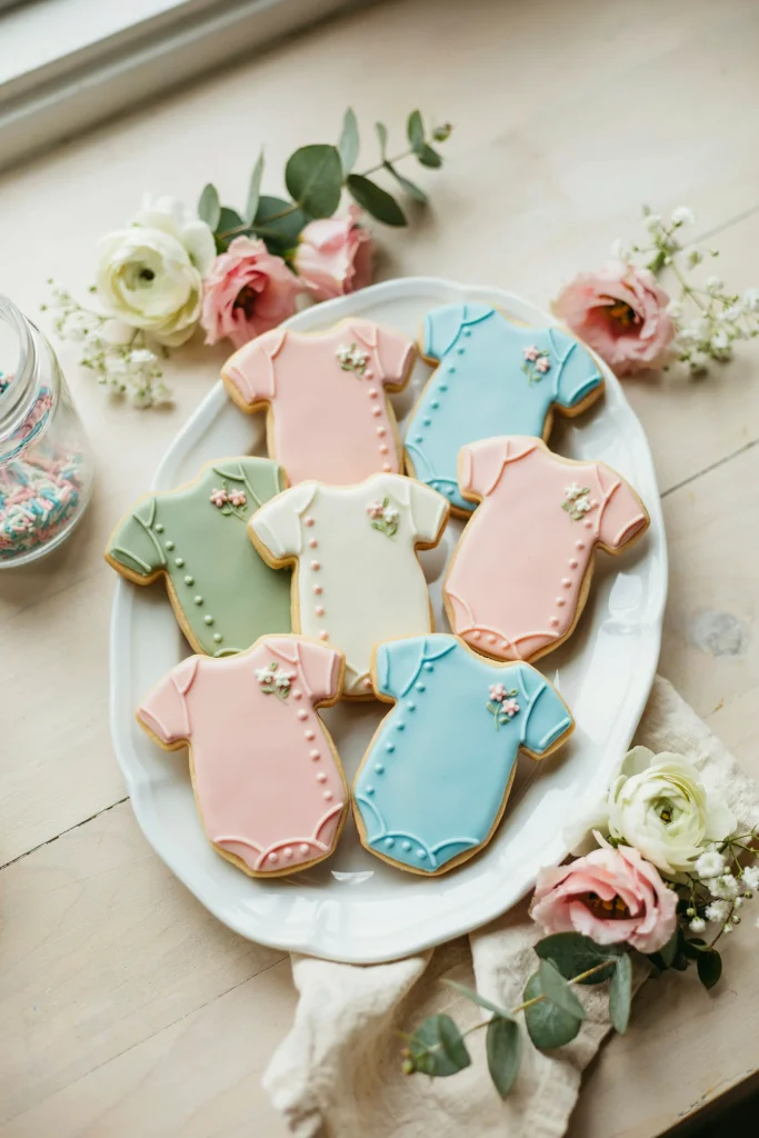Onesie-shaped sugar cookies decorated with pastel royal icing