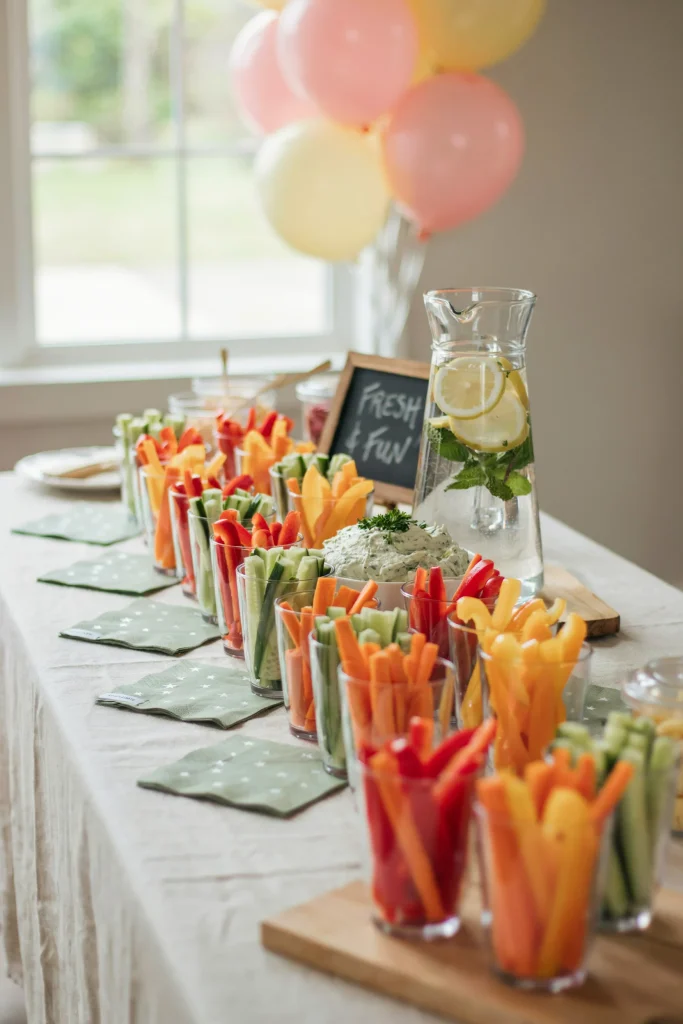 Rainbow veggie cups with carrot, bell pepper, and cucumber sticks with herb dip