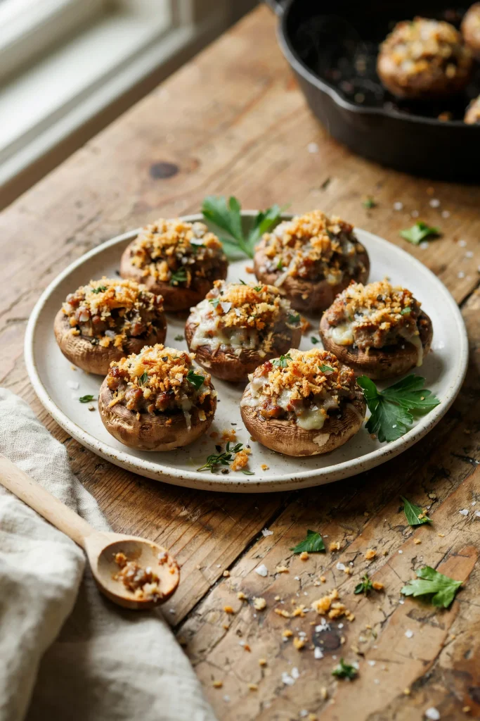 Baked sausage-stuffed mushrooms with a golden breadcrumb topping