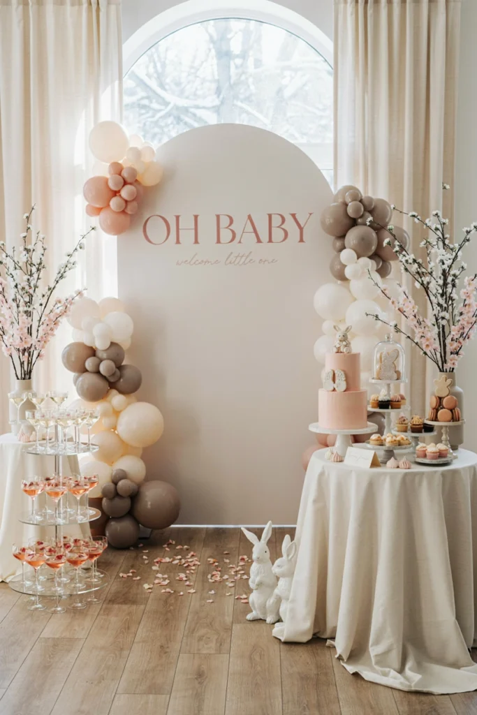 Soft white and blush dessert table with a bunny cake topper