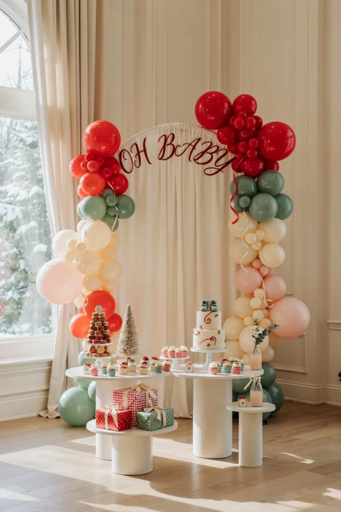 Red and green Grinch-inspired balloon arch backdrop with quirky patterns