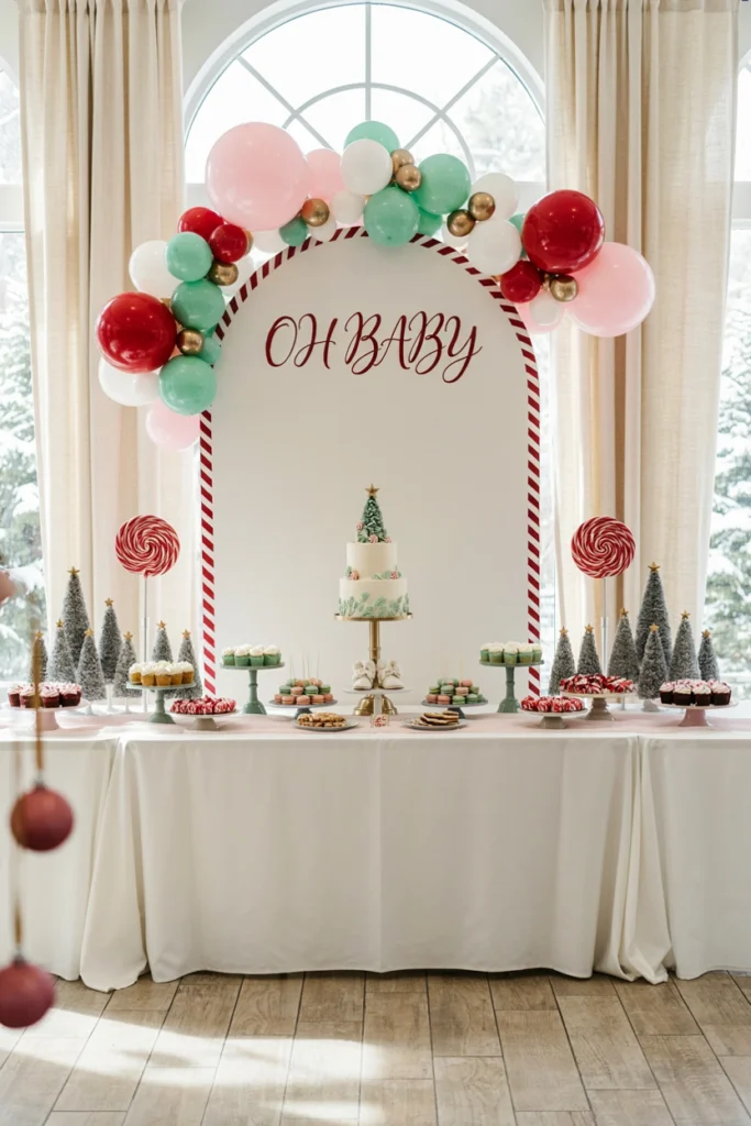 Bold, colorful Candyland-themed balloon arch and dessert table