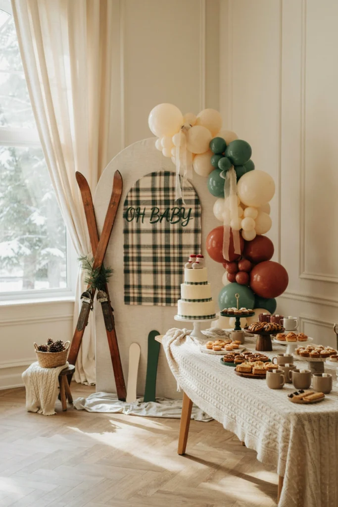 Cozy plaid lodge tablescape with mini ski decorations
