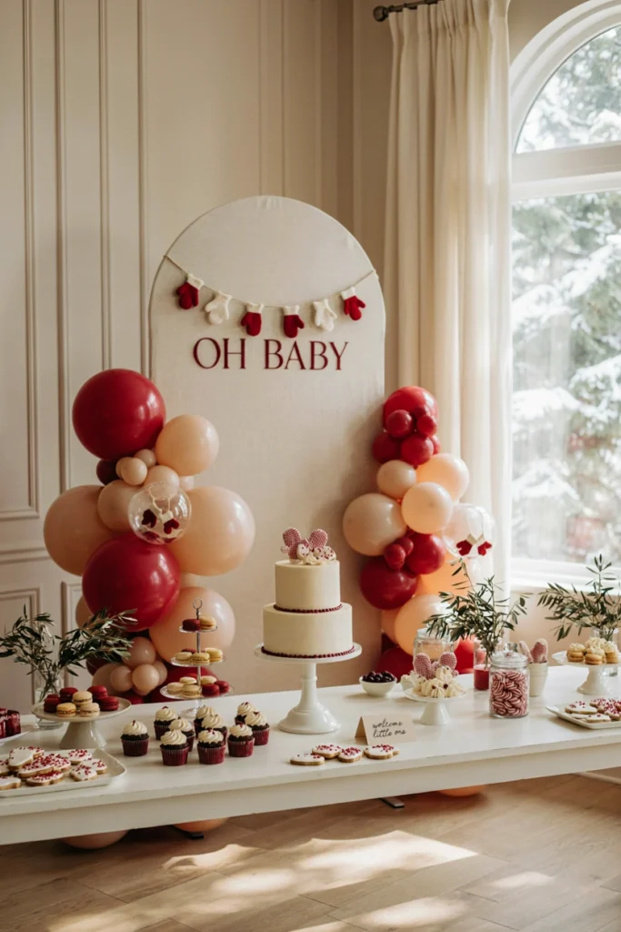 A garland of tiny knit mittens strung across a red and green backdrop