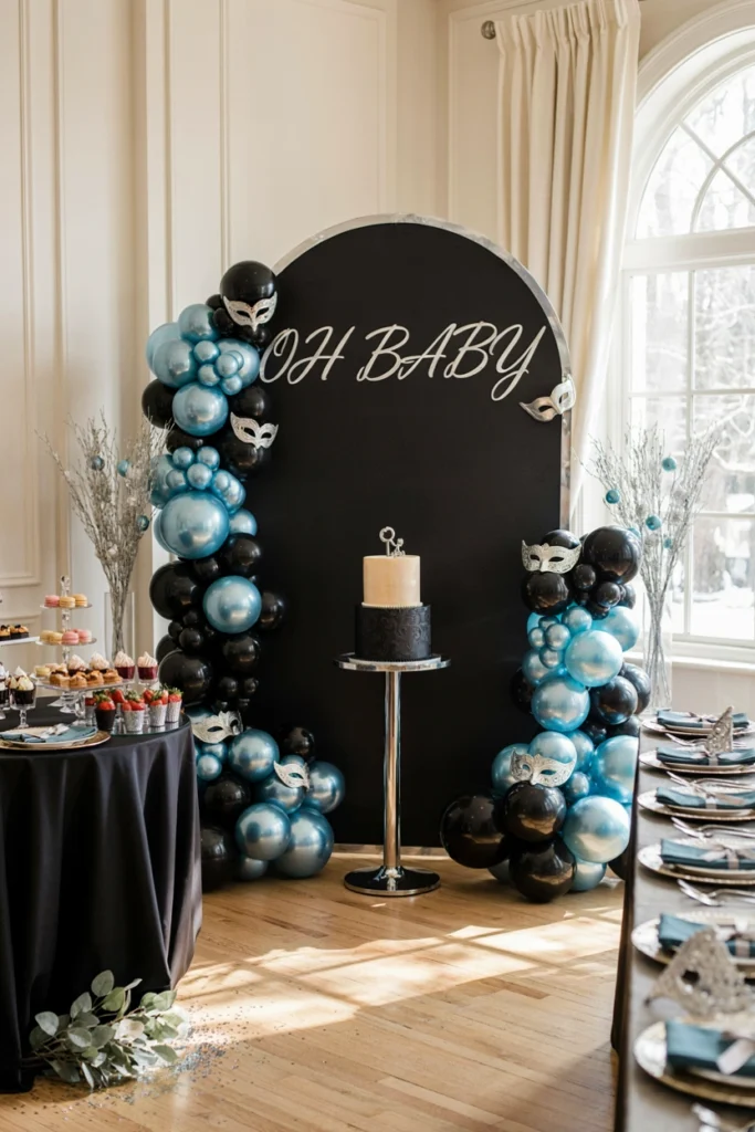 Black, silver, and icy blue table setting with masquerade masks as place settings