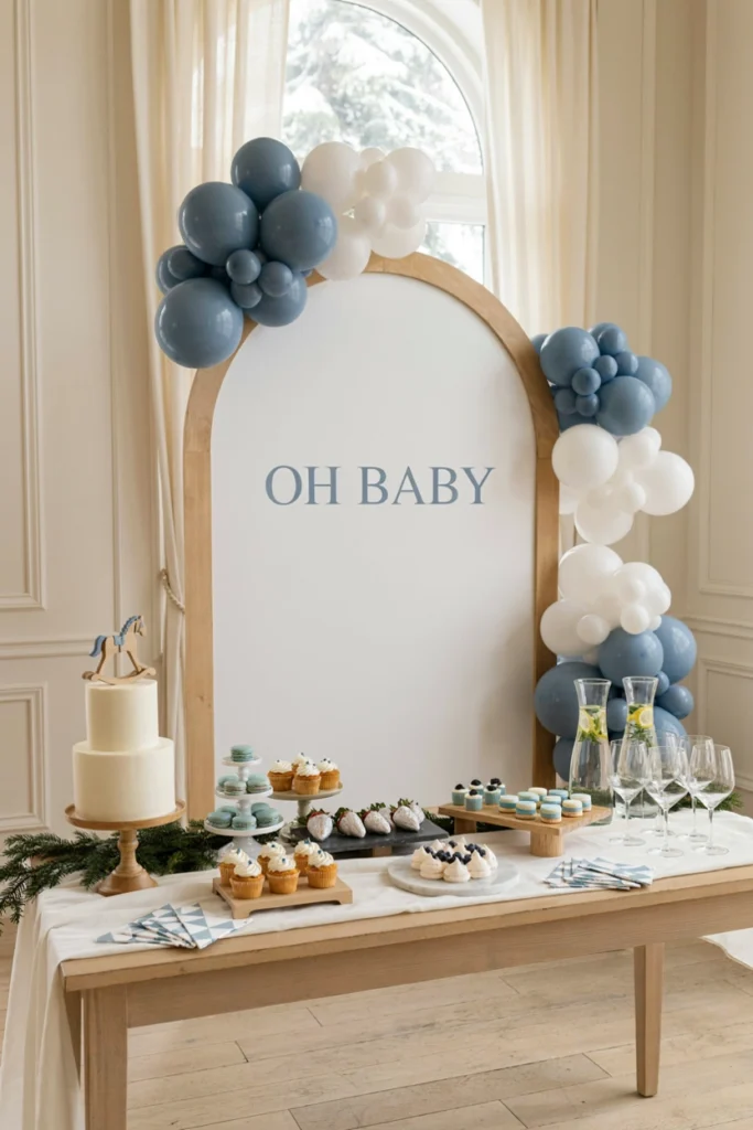 Clean white and blue table setting with simple geometric patterns