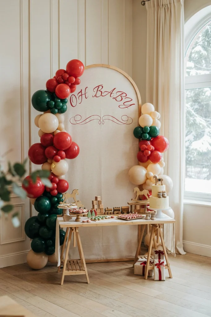 Red and green workshop-style decor with wrapped gift boxes and striped candy accents