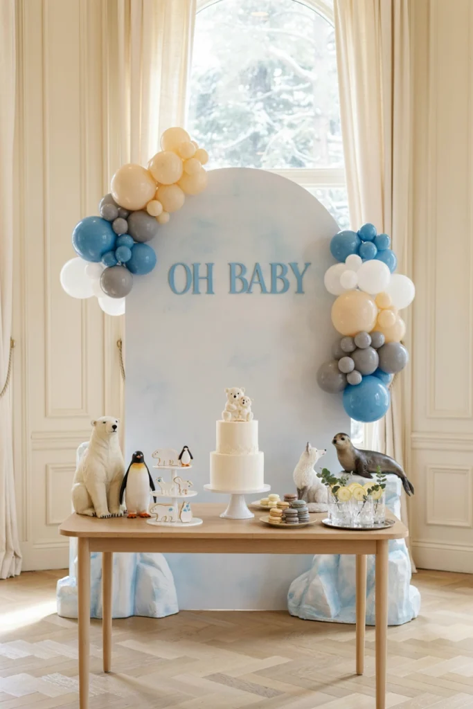 Luxe white and icy blue arctic animal baby shower decoration setup