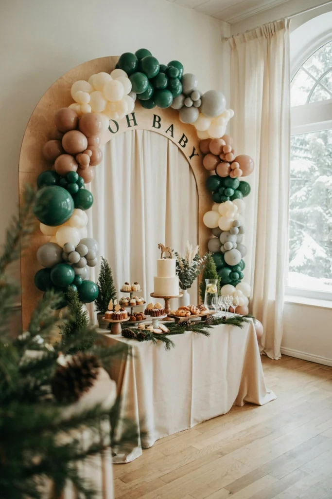 Rustic evergreen forest baby shower photo backdrop with pine branches