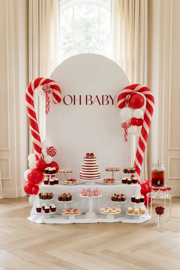 Red and white swirl balloons flanking giant candy cane decorations