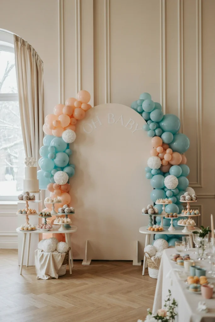 White pom-pom snowball decorations scattered across a pastel dessert table
