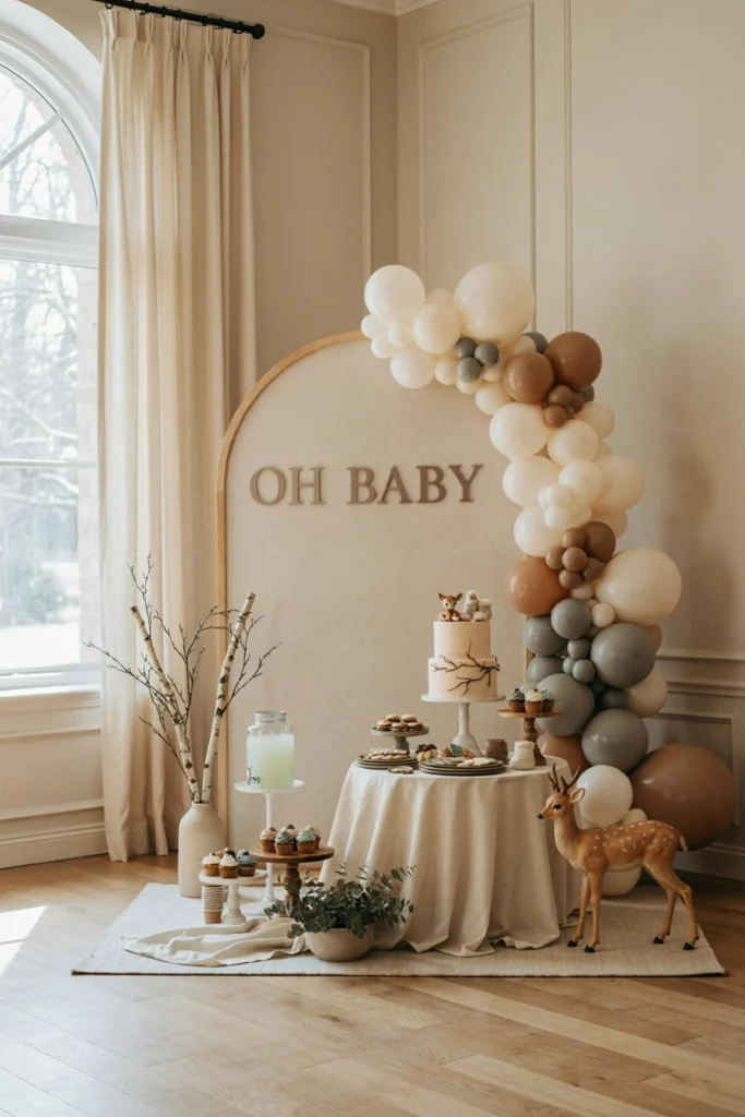 Soft neutral tablescape with a deer cake topper and faux antler accents