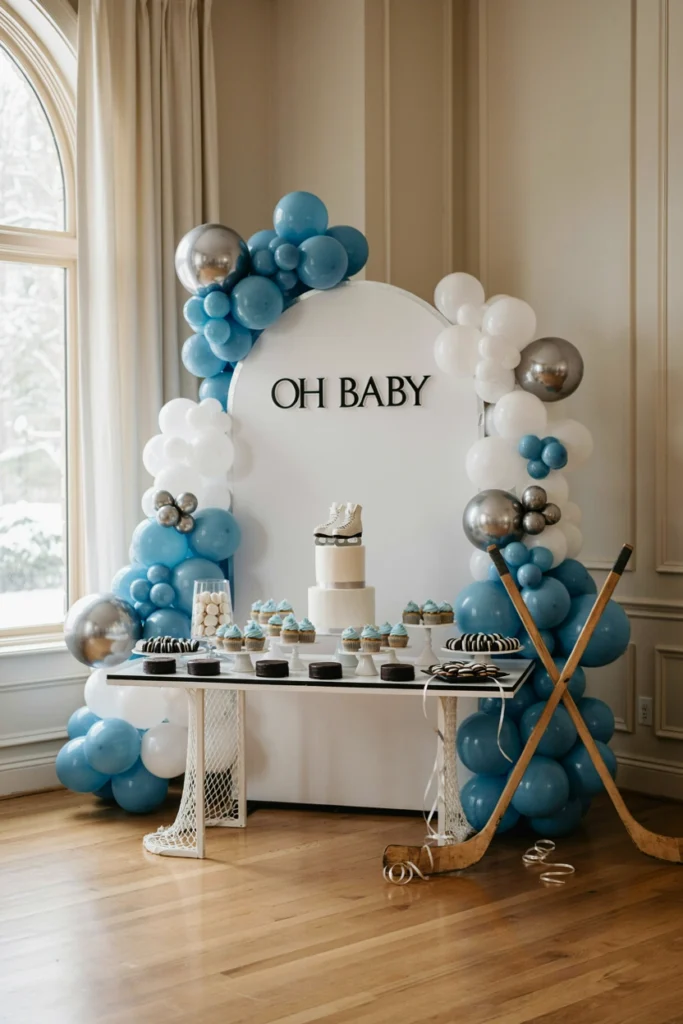 Icy blue and white hockey-themed baby shower balloon arch