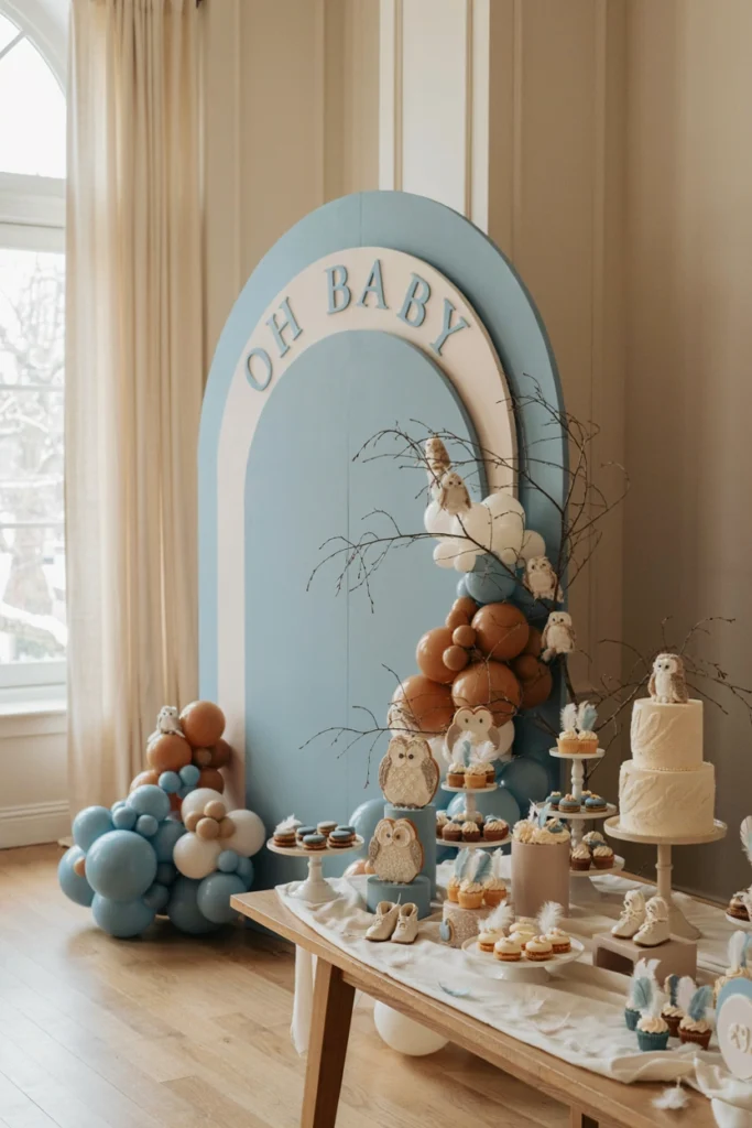 Soft blue and brown owl-themed banner hung above a dessert table