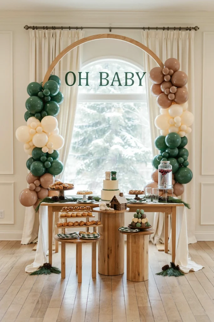 Rustic wood table styled with pinecone runners and buffalo plaid accents