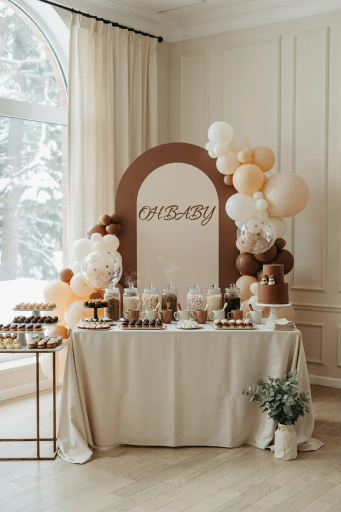 Brown and cream hot cocoa bar with a jar of mini marshmallows