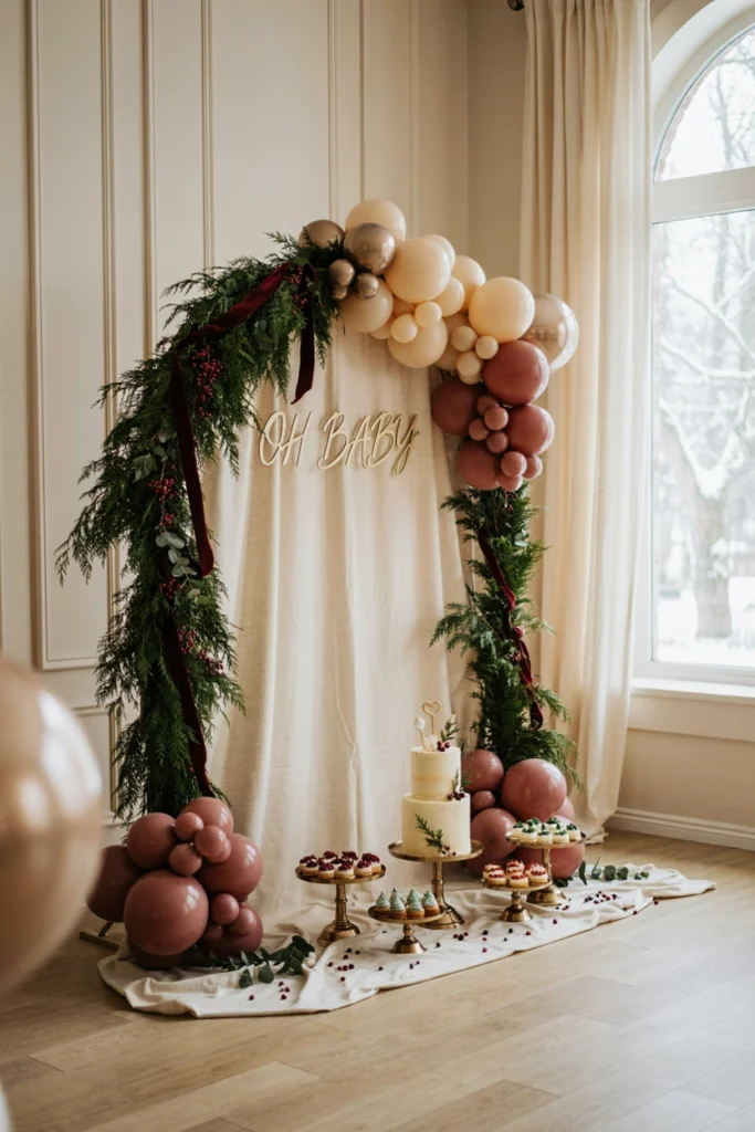 Deep red cranberry and evergreen garland running down a long table