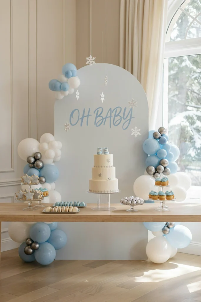 Rustic ivory and wood balloon arch with hanging snowflake decorations