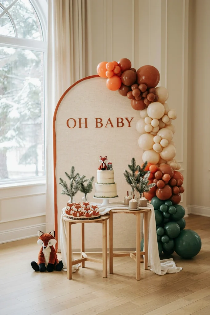 Rust orange and cream tablescape with a fox cake topper and faux pine