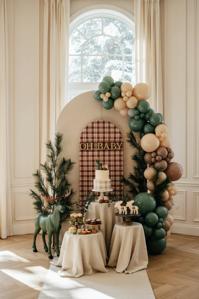 Plaid and forest green tablescape with a moose-shaped centerpiece