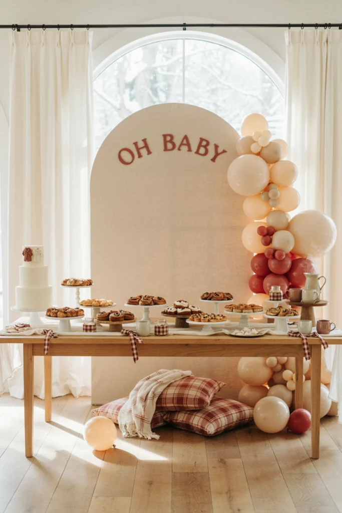 Plaid flannel pajamas laid out next to a warm, living-room-style dessert table